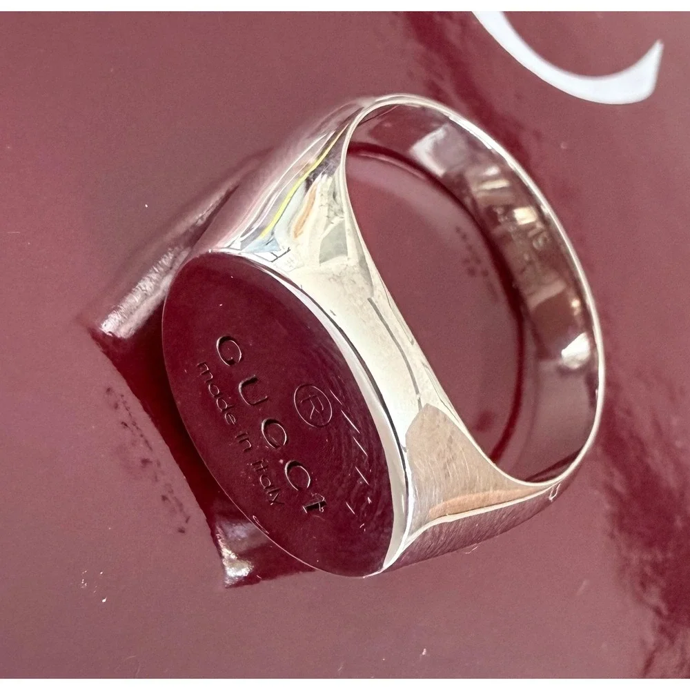 Gucci Sterling Silver Trademark Oval Plate Band Ring 797033, Sz 19 (US 9)